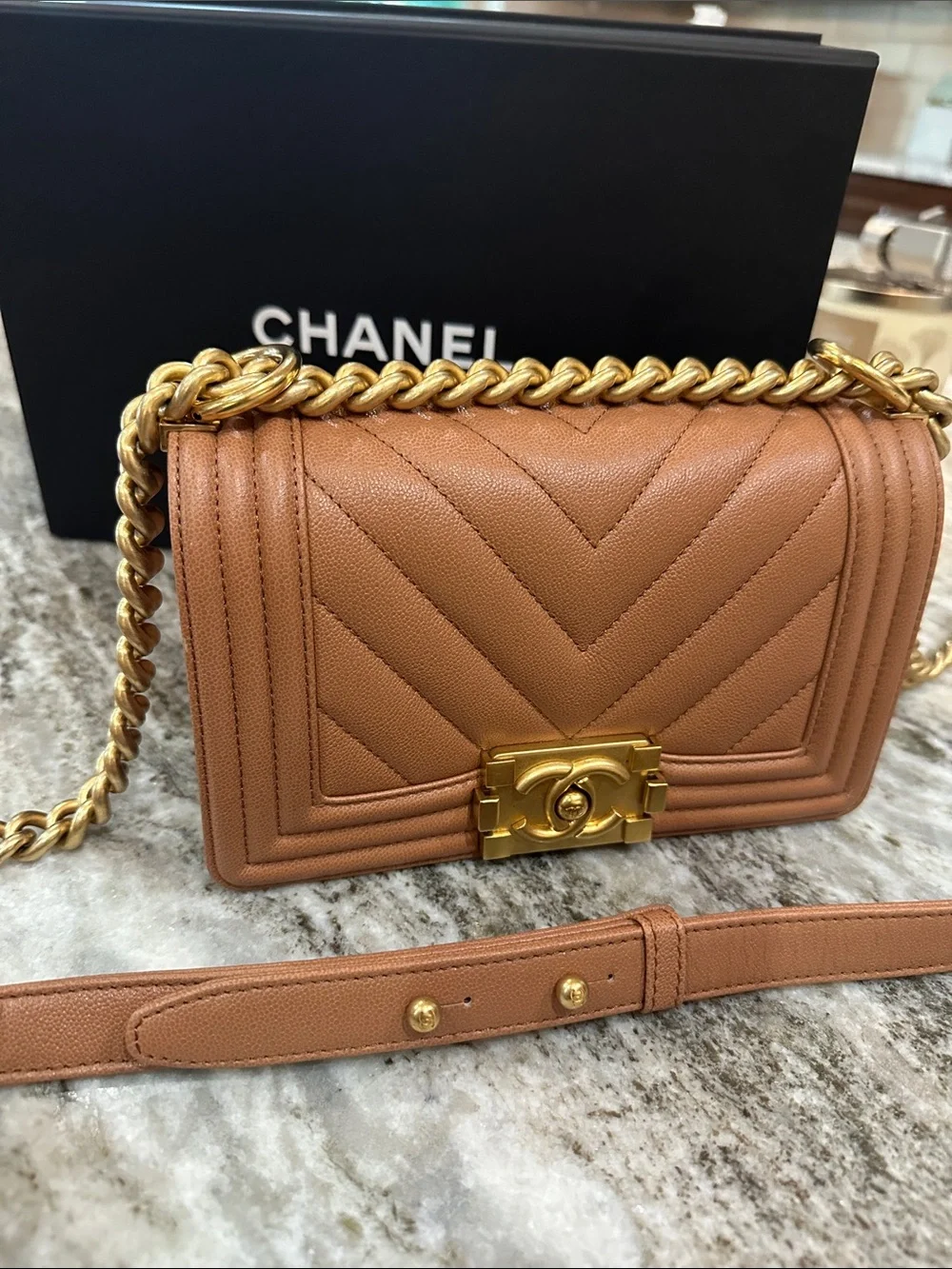 CHANEL Chevron Quilted Boy Flap Bag with Gold Hardware small Tan